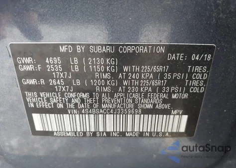 2018 Subaru Outback 2.5I Premium из США, поврежденный, VIN 4S4BSACC4J3359698